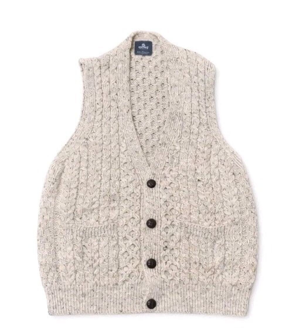 Aran Woollen Mills MERINO Wool Fisherman Vest Ireland Cable Knit L Button Pocket